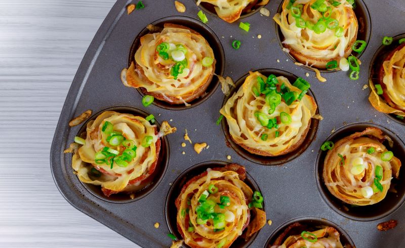 Crispy baked potato roses with ham for a Valentines Day dinner