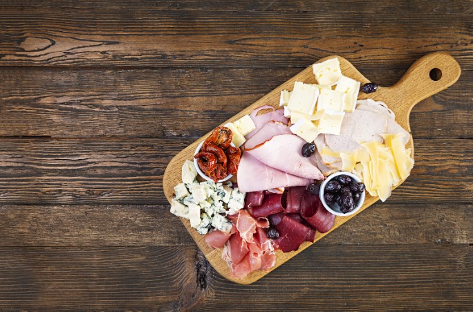 A cheese and meat board