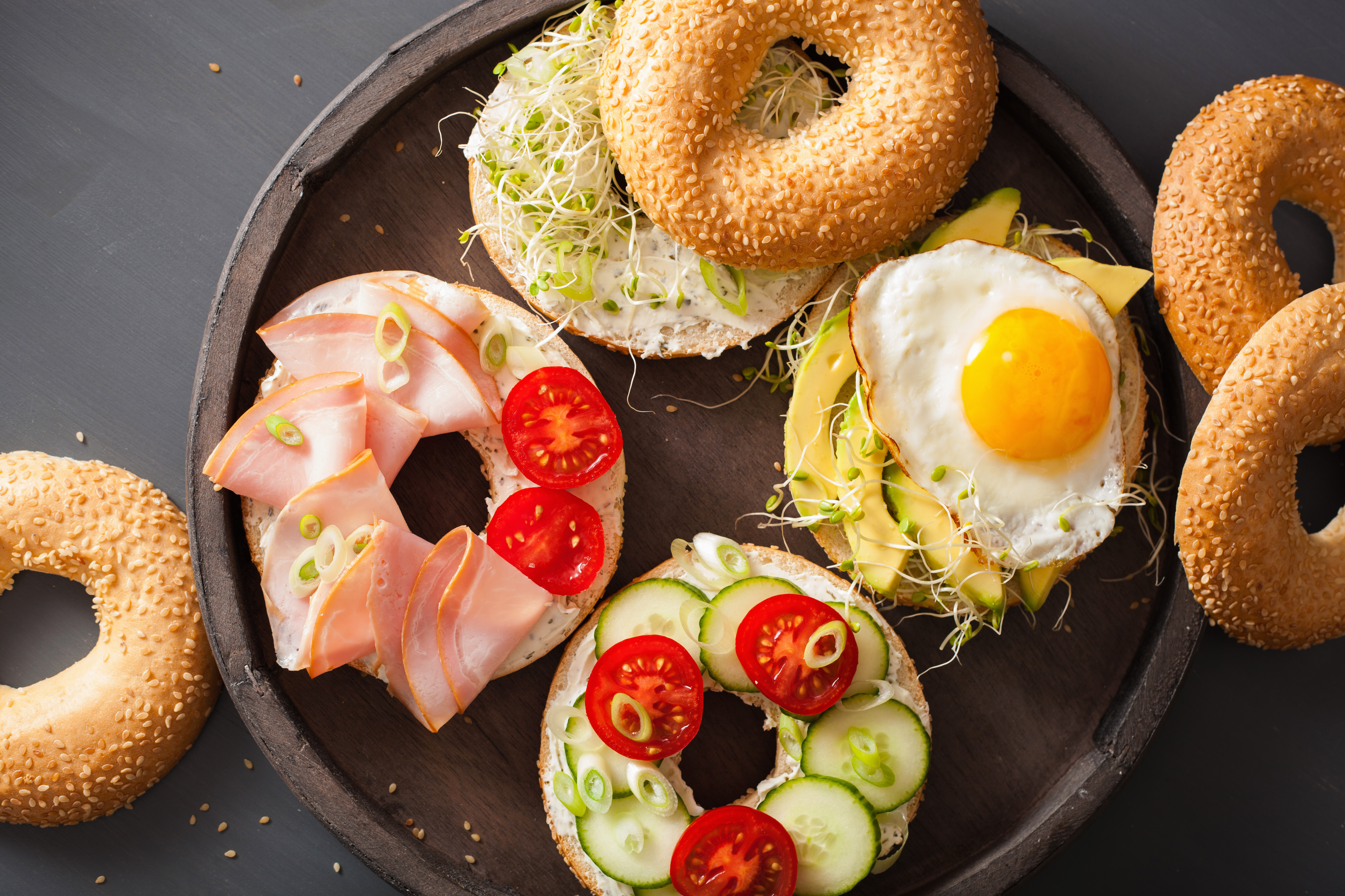 A variety of bagel breakfast sandwiches